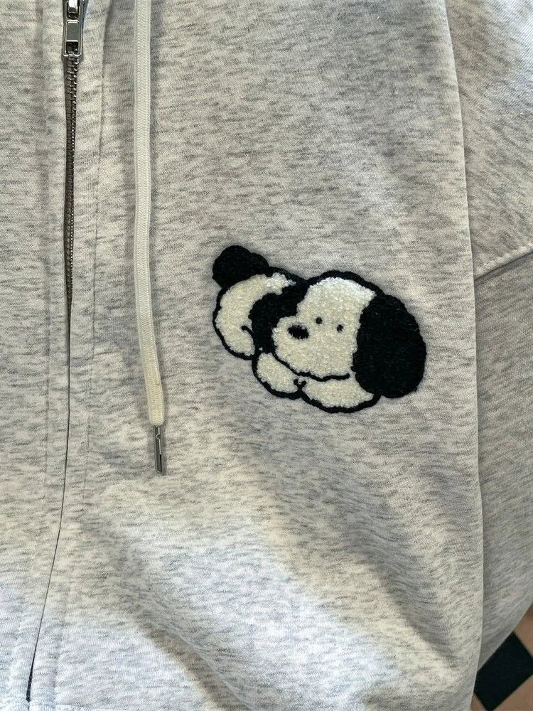 Bxoxo Cute Dog Cartoon Gray Hoodies Women Loose Long Sleeve Kawaii Sweatshirts Casual Vintage Preppy Style Fall Female Pockets Tops