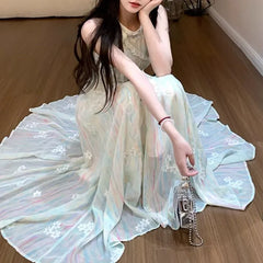 BXOXO New 2025 Jasmine Green 2.0 Summer Fairy Sweet Slimming Waist Long Dress Design Sense Skirt Polyester Fiber round Neckline Ankle-