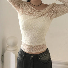 BXOXO Transparent Lace Crop Top Asymmetrical Off-shoulder Long Sleeve Smock T-shirts Women Summer Casual Tees y2k Vintage Tees