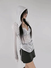 BXOXO Hooded T Shirt Women Clothes Long Sleeve See Through Slim 2000s Clothes Y2k Tees Female Clothing Chic Spring Tops Korean