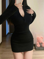 BXOXO Long Sleeve Dresses for Women Black Sexy Club Bodycon Mini Dress Y2k High Waist Ladies Korean Short Dress Basic Autumn Winter