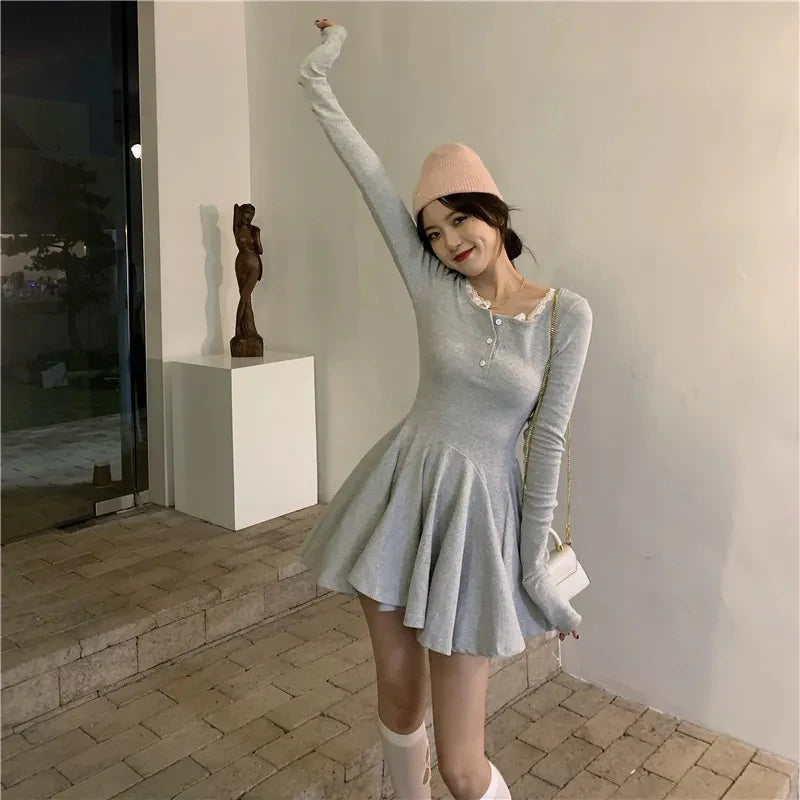 Bxoxo Black Lace Patchwork Dress Women Korean Chic Square Collar Long Sleeve Mini Dress Fall Fashion Preppy All-Match Bottoming Dress