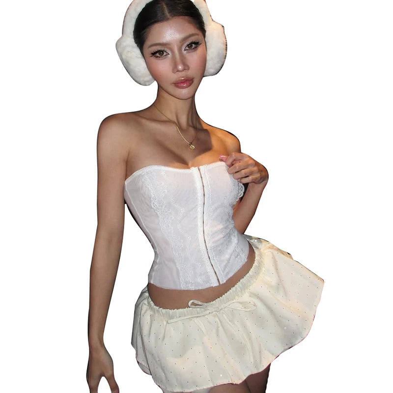 BXOXO Simple Lace Women Strapless Tops Single-Breasted Concealed Buckle Skinny Summer New Trend Versatile Classic Clothes