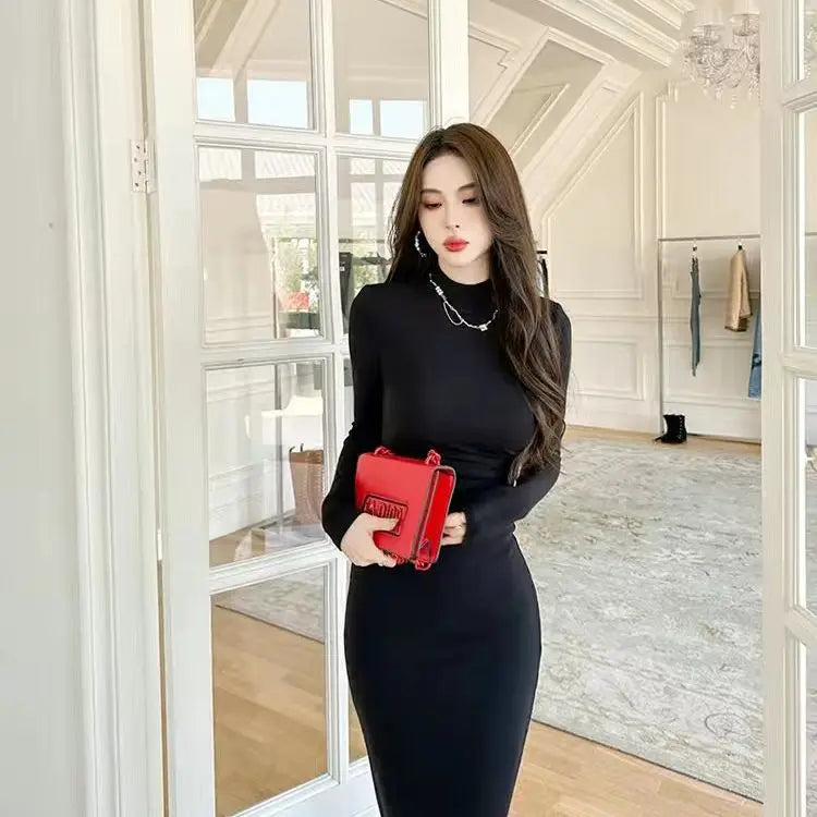 Bxoxo Grape Purple High Elasticity Cotton Tight Fitting Long Skirt for Women in Autumn with a Semi High Collar and a Slim Fit Dress