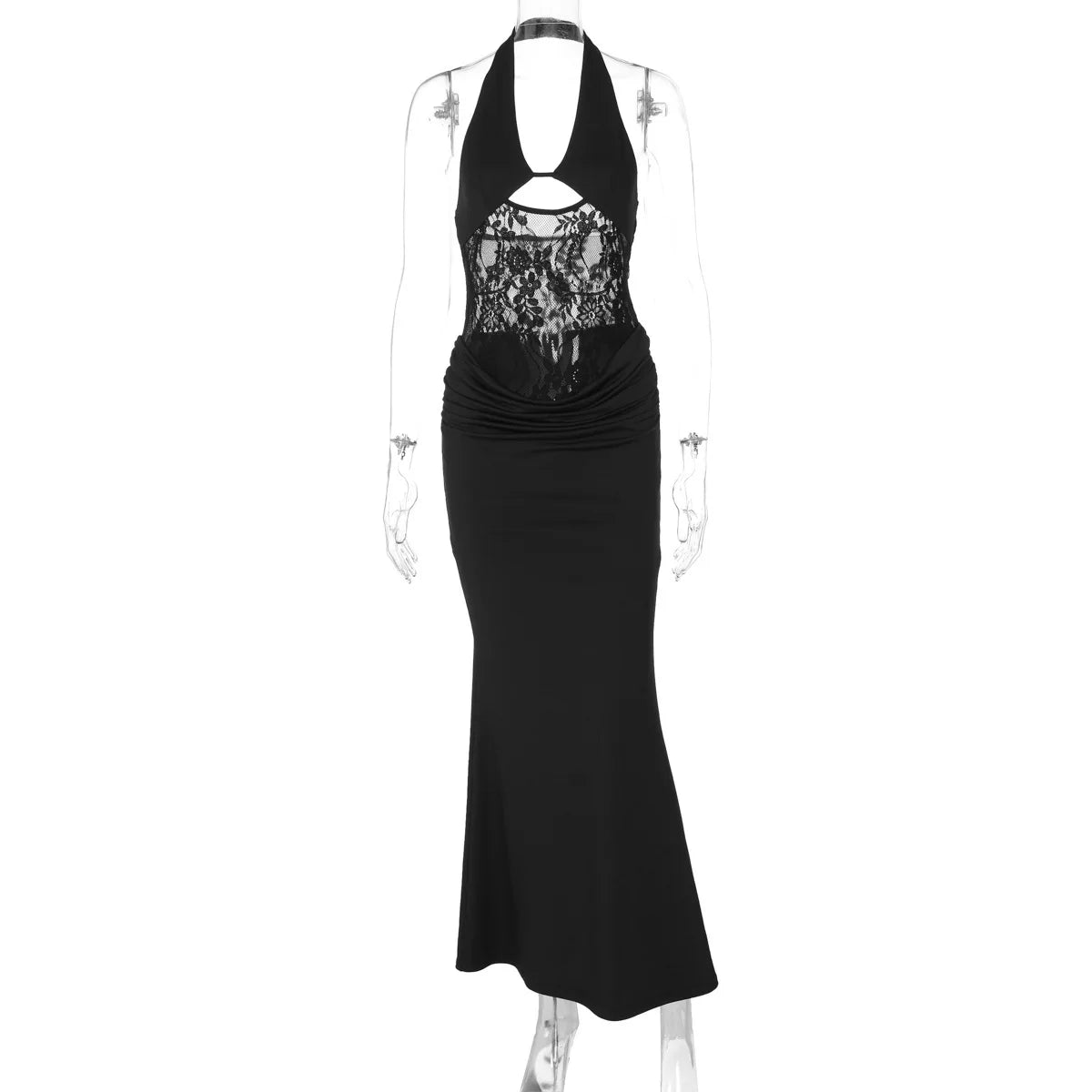 BXOXO  Sheer Lace Hollow Out Sexy Maxi Dress For Women Gown Halter Deep V Neck Sleeveless Backless Bodycon Long Dress