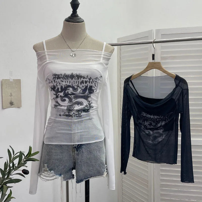 Bxoxo Sexy Slash Neck Mesh Sunscreen T Shirt Y2K Streetwear Print Long Sleeve Patchwork Camis Suit Fashion Folds Slim All Match Tees
