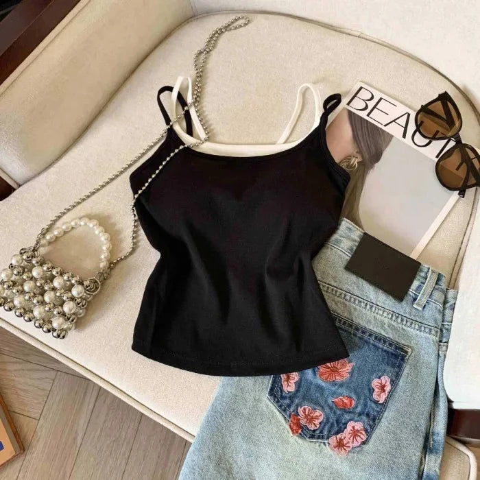 Bxoxo Fashion Patchwork Fake 2 Piece Women Camis Summer Fashion Spaghetti Straps with Chest Pad Vest Korean Chic Base Tank Female