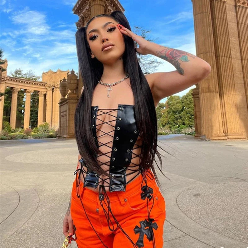 Bxoxo Sexy Gothic Women PU Leather Corsets Bustiers Lace-up Bandage Crown Girdle Slim Waist Back Zipper Strap Corset Tops Curve Shaper