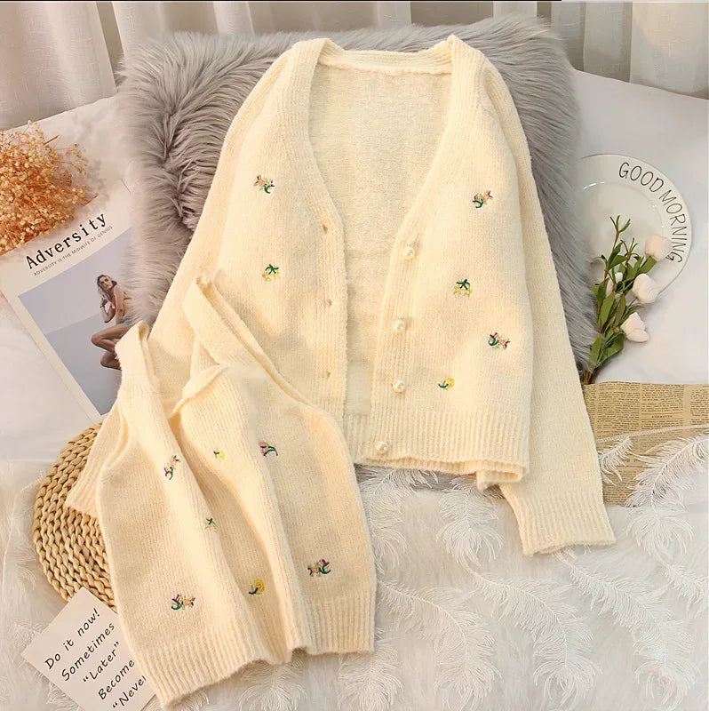 Bxoxo Two-piece Top Suit Flower Embroidered Knitted Korean Style Cardigan Autumn Fashion Sling Sweater Slim Sweet Jacket Sets