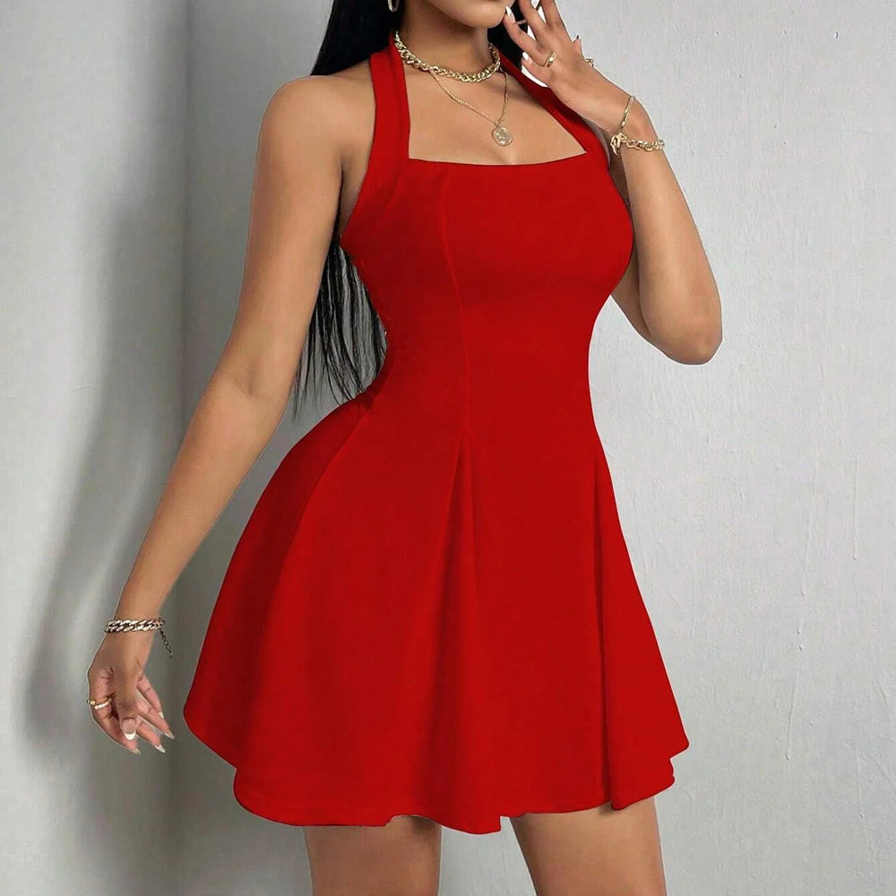 BXOXO All Seasons Women's Dresses Fashion Halter Square Neck Pleated A-Line Mini Elegant Dress New Year Valentine's Day Gift