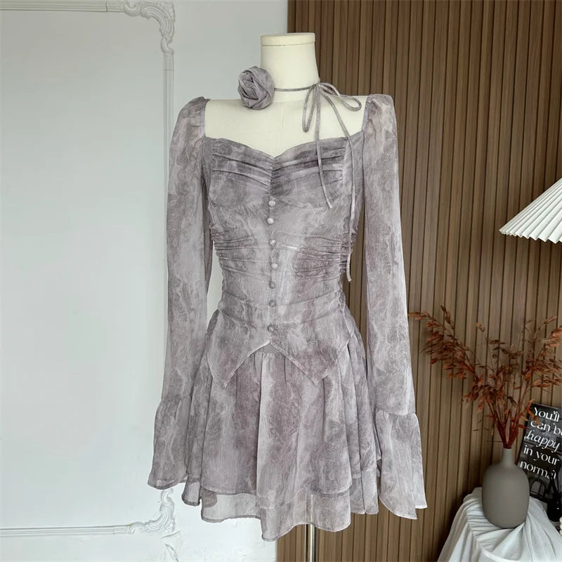 Bxoxo Women A-line Luxury Dress Elegant Long Sleeve Mini Evening Dress Harajuku Vintage 90s Y2k One Piece Frocks 2000s Clothes Autumn