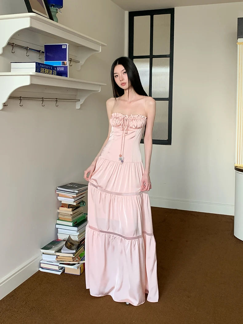 Bxoxo Pink Satin Backless Maxi Dress For Woman Shirring Beading A Line Long Tube Dress 2025 Summer Vacation Clothes