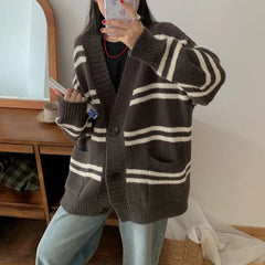 Bxoxo Women Cardigan Sweater Striped V-neck Button-up Sweater Jacket Comfy Cozy Slouchy Cardi Autumn Winter Casual Outfit
