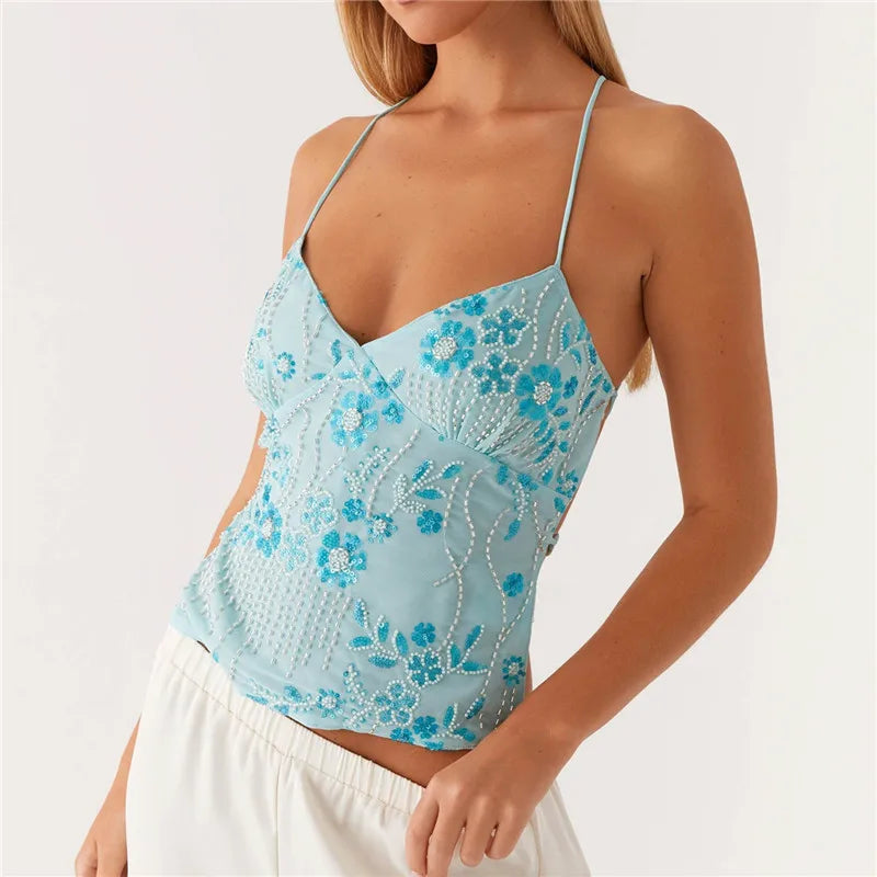 BXOXO Sequin Halter Crop Tops for Women Y2k Pearl Embellished Cami Tops Summer Glitter V Neck Rhinestone Camisole Tank Shirt