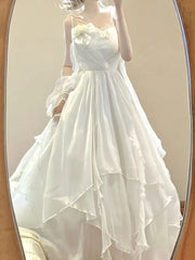Bxoxo Summer Fairy White Dress Women Slim Fit Maxi, French Ruffle Long Dress Beach Elegant Goddess Style Outfit