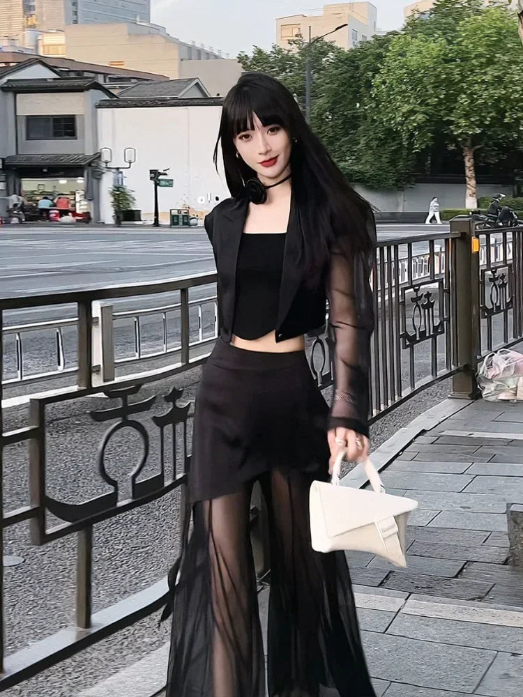 BXOXO Korean Simple High Waist Hollow Out Black Pants+ Y2k E-Girl Slim Fit Mesh Long Sleeve Tops Women Grunge Two Piece Sets