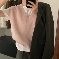 BXOXO Women V-Neck Knit Office Sweater Vest Loose Casual Pullovers Vest Bottoming Solid Sweater Vest For Women Fall Winter