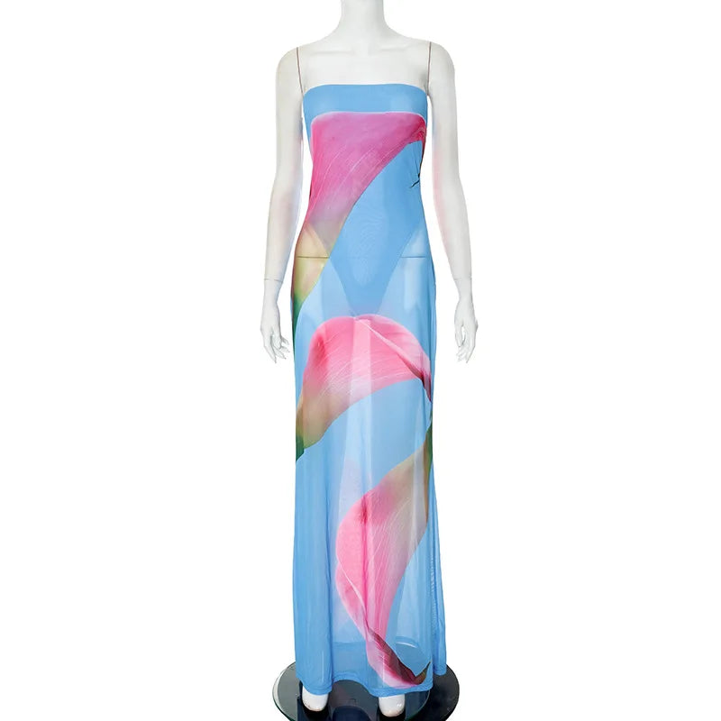 BXOXO Off Shoulder Strapless Floral Print Beach Vacation Chiffon Dress Women Summer Sleeveless Backless Maxi Long Dresses