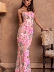 BXOXO Flower Print Dress Women Temperament Patchwork Spaghetti Strap Draped Backless Sleeveless Sexy Birthday Party Vestidos