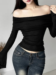 Bxoxo Y2k Aesthetic Women Translucence Tee Shirts Slash Neck Long Sleeve Solid Casual T-Shirts Vintage Off Shoulder Sexy Cute Tshirts