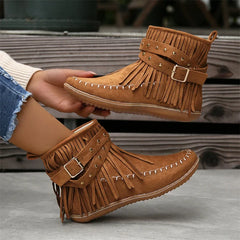 BXOXO Botines Autumn Flat Heel Ankle Boots Retro Suede Tassel Women Boots Fashion Round Toe Soft Sole Short Boots Casual Women Shoes