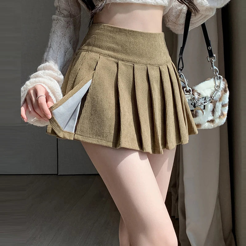 BXOXO Autumn Winter Retro Women's Corduroy Pleated Skirt High Waist Casual Vintage School Short Saias Femme