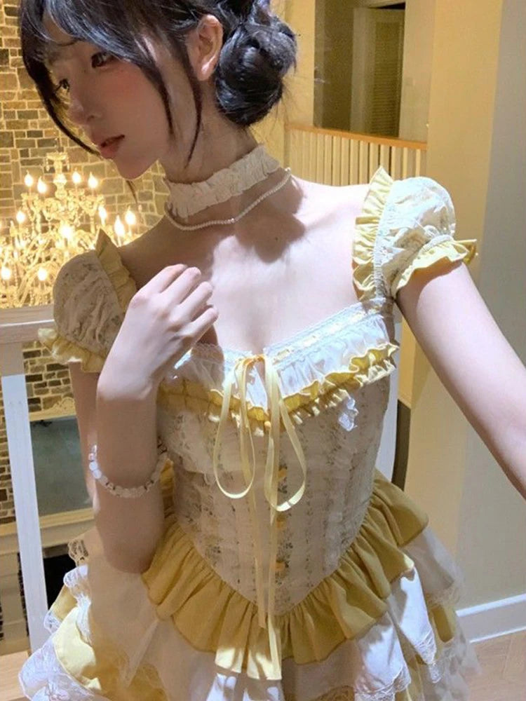 BXOXO Cute Lolita Women Mini Dress High Waist Summer Short Sleeve Japanese Dress Patchwork Lace Ladies Tunic Party Vestidos New