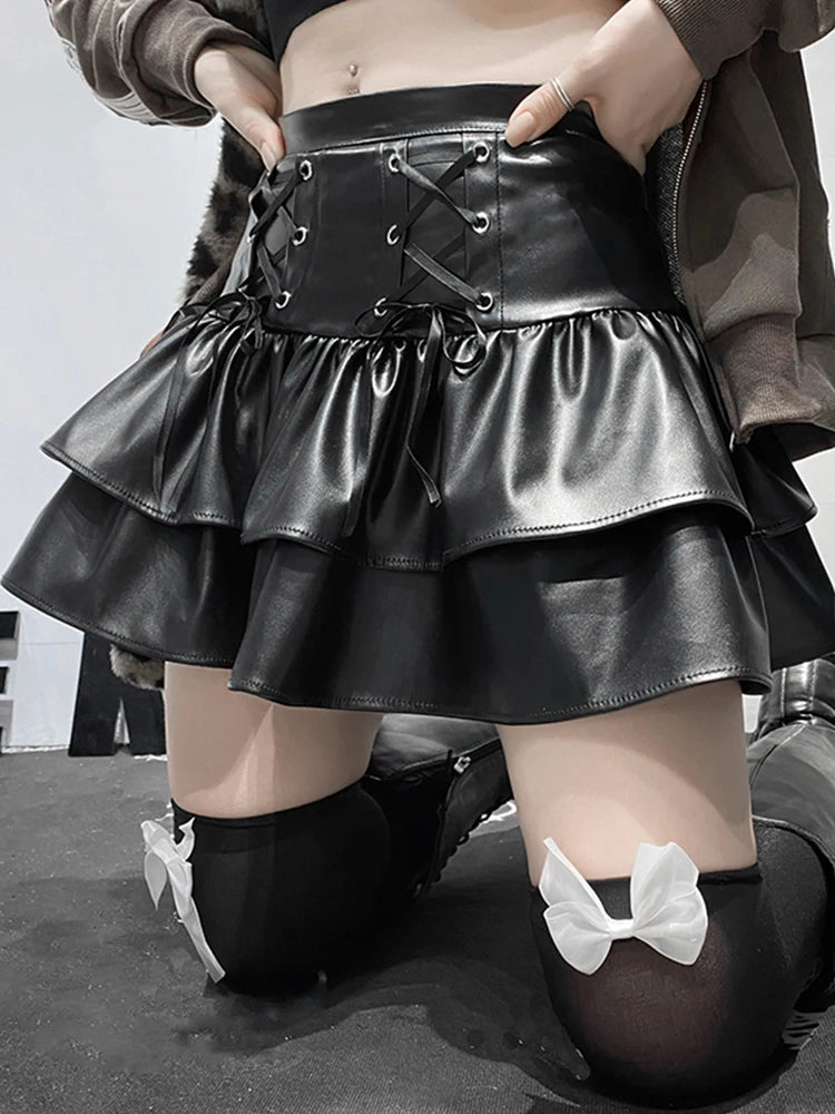 Bxoxo PU Leather Mini Skirts Punk Style High Waist Lace Up Bandage Black Pleated Skirt Streetwear Girls Dark Academia Clothes
