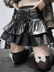 Bxoxo PU Leather Mini Skirts Punk Style High Waist Lace Up Bandage Black Pleated Skirt Streetwear Girls Dark Academia Clothes