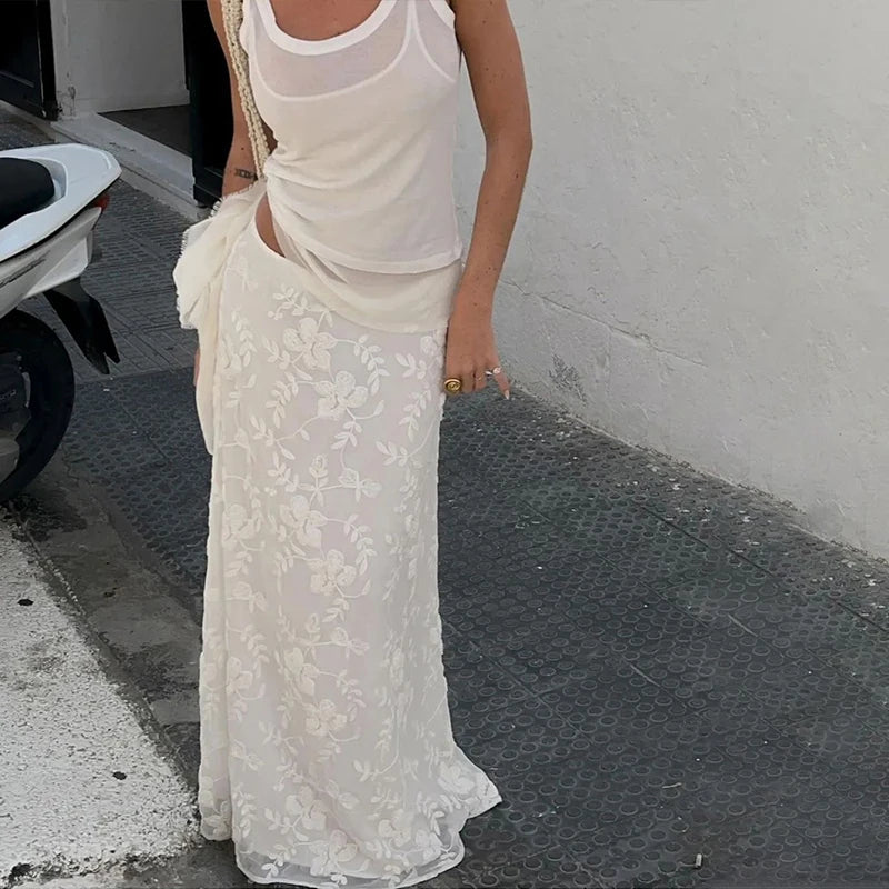 Bxoxo Elegant French A-Line Mesh Fashion Long Skirts Vintage High Waist Casual Y2K Spring Summer Evening Party New Maxi Skirt