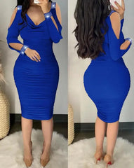 BXOXO Sexy Rhinestone Decor Cold Shoulder Ruched Bodycon Long Sleeve Dress Midi Skinny Party women's dresses