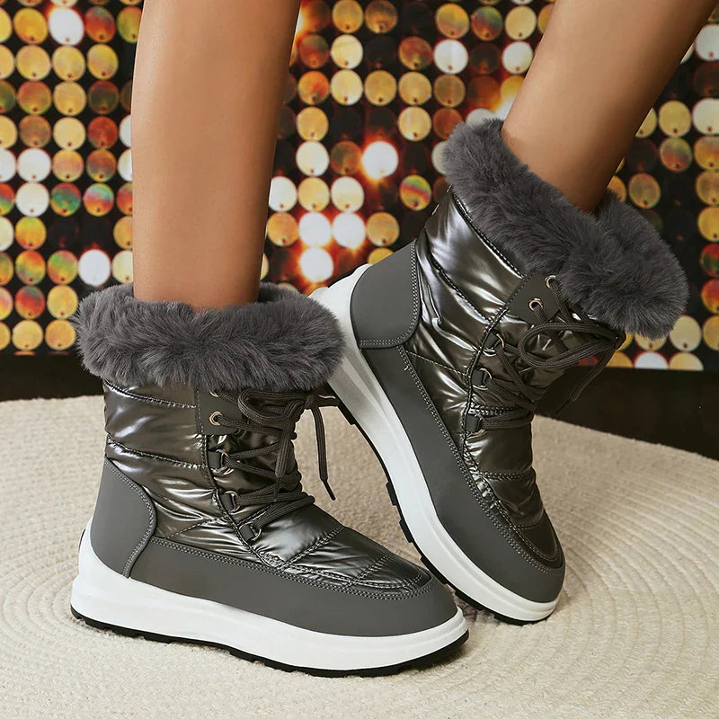 BXOXO Women's Faux Fur Ankle Boots Chunky Platform Waterproof Snow Boots Women Silver Thick Plush Warm Winter Boots Shoes Woman 43