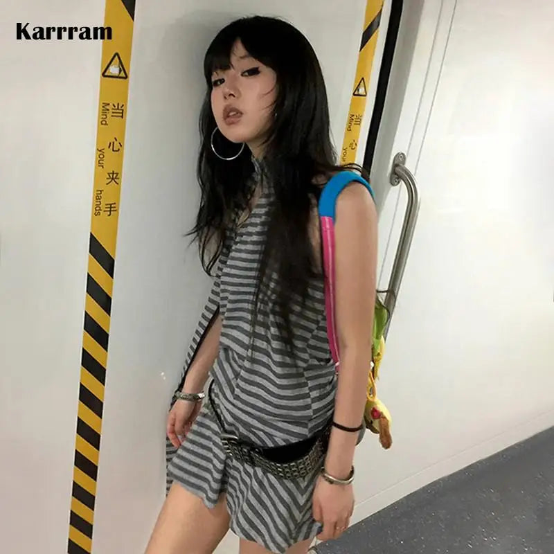 BXOXO Y2k Aesthetics Halter Dress Japanese 2000s Style Grey Striped Short Dress Vintage Harajuku Backless Mini Dress Grunge