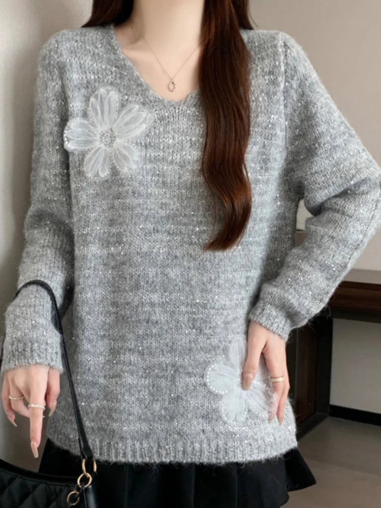 Bxoxo 3D Floral Sweet Sweaters Women Loose Fashion V Neck Elegant Knitted Jumper Casual Chic Korean Female Fall Winter Long Sleeve Top