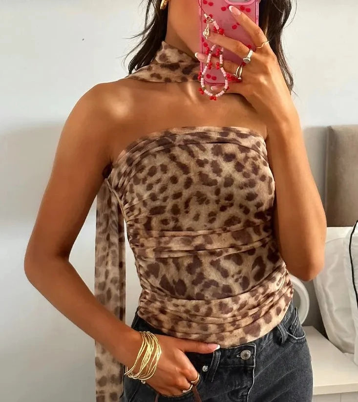 2024 Women's Leopard Print Tube Top Hotsweet Tulle Halterneck Off-Shoulder Slim Sleeveless Chic Pleats Sexy Female Tops Y2K