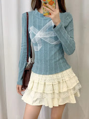 BXOXO Korean Style Y2k Knitted Pullover Women Bow Lace Long Sleeve Sweaters Harajuku Vintage Patchwork Knitwear Pullovers