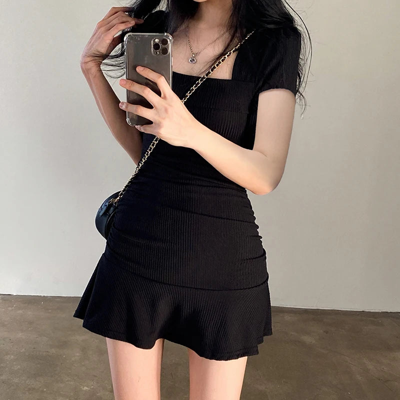 BXOXO Ruched Black Dress Women Square Collar Short Sleeve Slim Mini Dress Summer Korean Fashion Folds Ruffles Bodycon Sundress