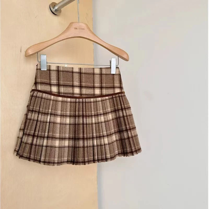Bxoxo Vintage Plaid Pleated Skirts Women Y2K Autumn Winter Preppy Faux Woolen Mini Skirts Female High Waist Sweet Blended Skirts New