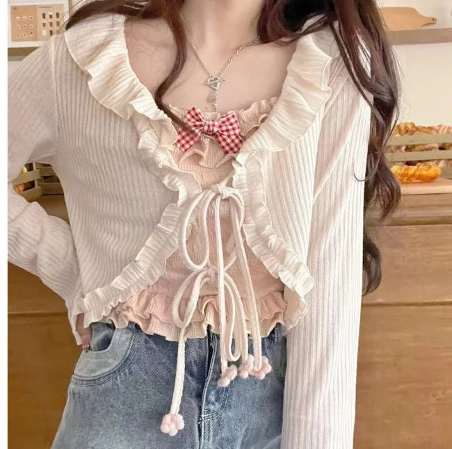 BXOXO Kawaii Candy Color Crop Top Women Japanese Lolita Sweet Tank  Boe Ruffle Short Tee Shirt All Match Cute s Summer