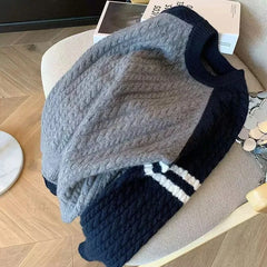 Bxoxo Grey Patchwork Knit Sweaters Women Autumn Winter Thick Loose O Neck Jumpers Y2K Korean Lazy Style All Match Pullovers Mujer