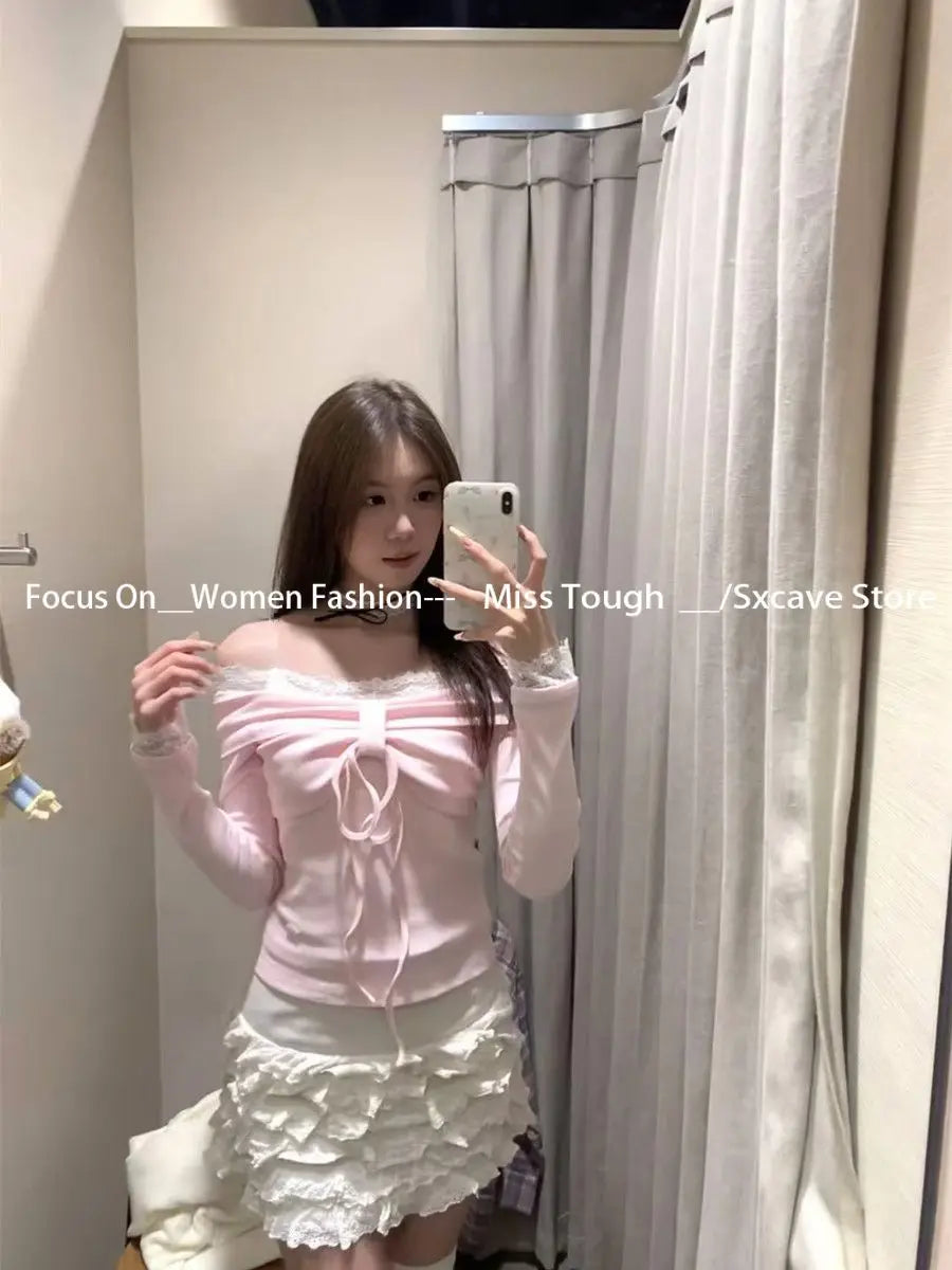 BXOXO Autumn Japanese Sweet Long Sleeve Sweater Women Elegant Chic Bow Off Shoulder Solid Thin Pullover Cute Pretty Skinny Lace Up Top