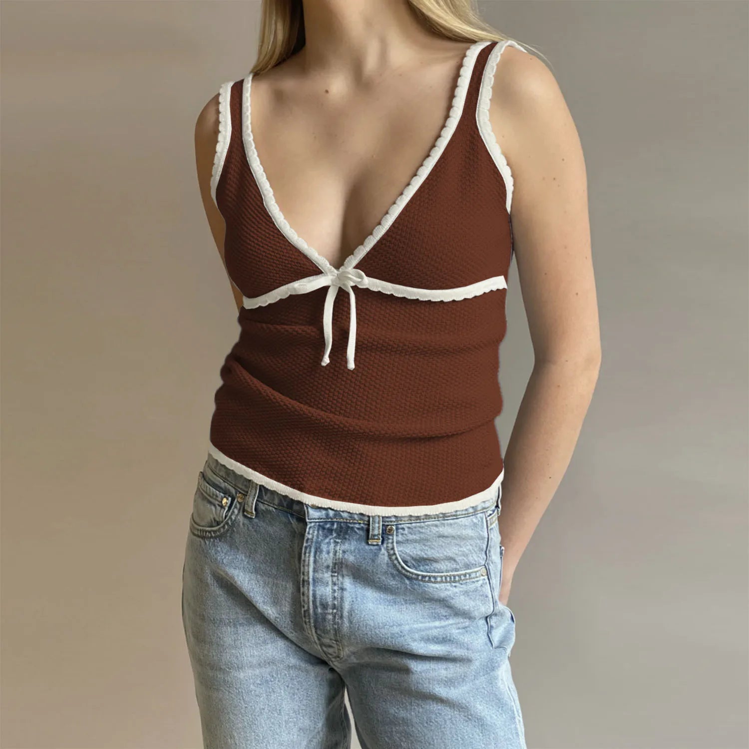Bxoxo Knitted Deep V-neck Bow Women Crop Top Blue Patchwork Spaghetti Strap Tank Top Female Spring Slim Casual Streetwear 2024