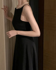 Bxoxo South korea Chic Gentle Sle Light Luxury off-Shoulder Advanced Design Sense  Sleeveless Long Versatile Dress