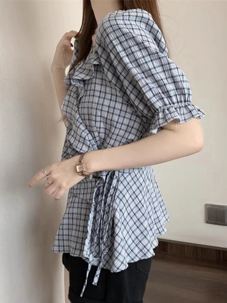 Bxoxo Ruffles Vintage Plaid Blouse Women Causal Sweet Slim Short Sleeve Shirt Korean Retro Female Lace Up Elegant Design Tops New