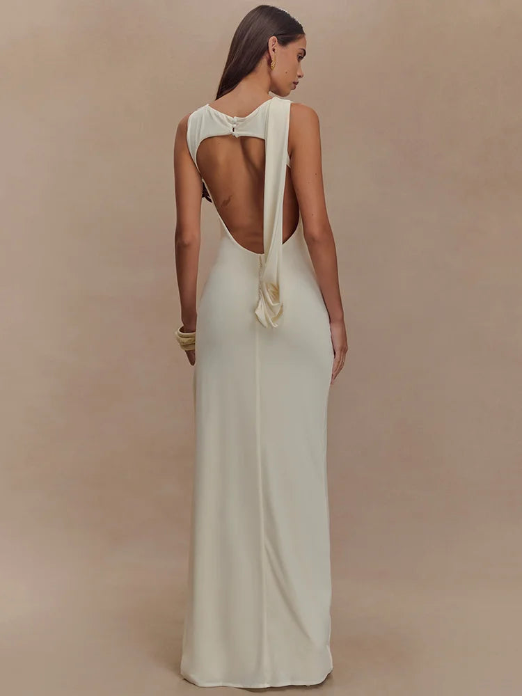BXOXO Backless Ruched Sexy Maxi Dress For Women Gown O Neck Sleeveless Thigh High Split Bodycon Elegant Long Dress Vestido