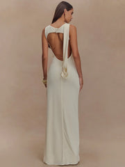 BXOXO Backless Ruched Sexy Maxi Dress For Women Gown O Neck Sleeveless Thigh High Split Bodycon Elegant Long Dress Vestido