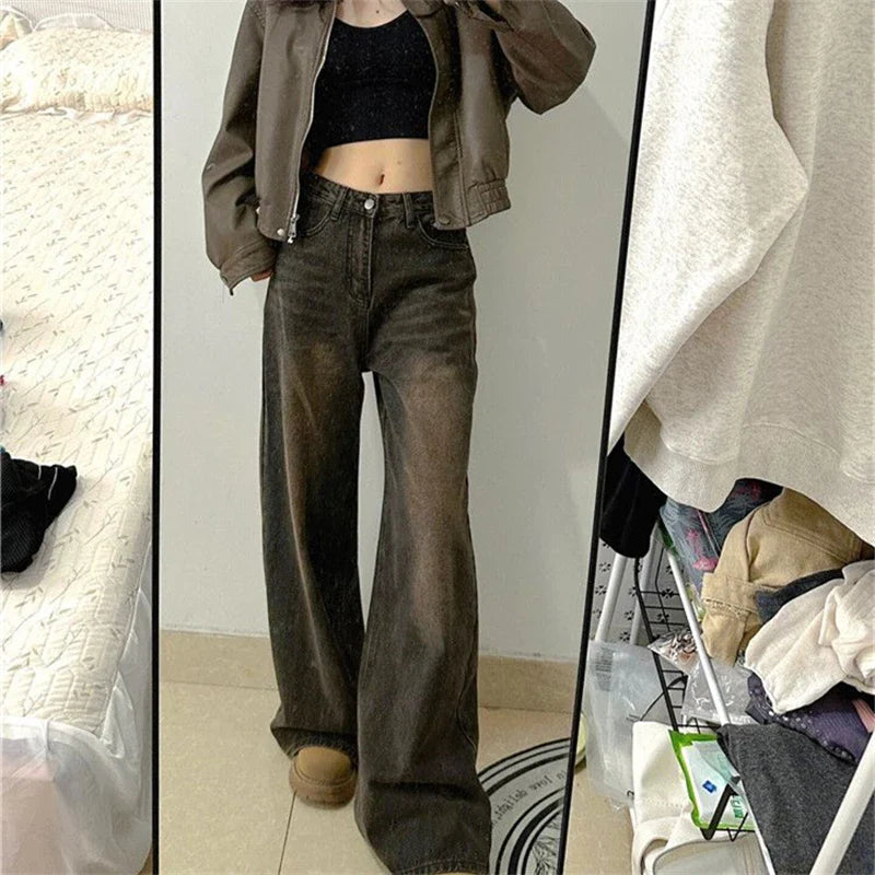 BXOXO Women's Vintage Brown High Waisted Jeans Street Style Girl Wide Leg Bottoms Loose Pants Female Fashion Denim Trousers