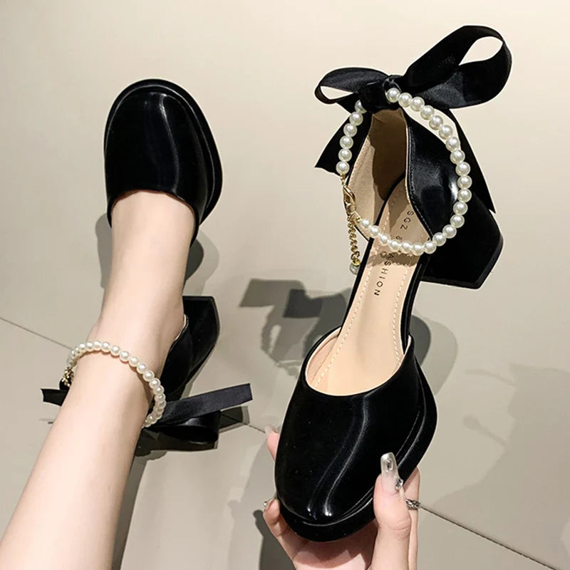 BXOXO Pearl Ankle Buckle Thick Heel Pumps Women Back Bowtie Lace Up Mary Jane Shoes Woman Autumn Platform High Heels Dress Shoes