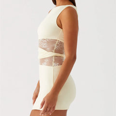BXOXO Women Sexy Lace Patchwork Mini Dress Sleeveless Slim Fit Cut Out Short Dress Y2K Elegant Cocktail Party Sundress