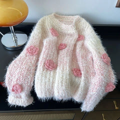 Bxoxo Fashion Gradient Faux Mink Fleece Knit Sweater Women Autumn 3D Flower Decoration Casual Pullover Korean Loose All Match Jumper